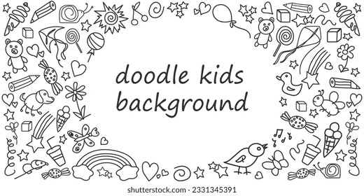 Kids doodle background. Template with children's black drawings. Horizontal frame. Outline drawn cartoon elements