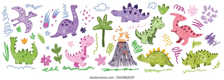 Kids doodle dino set, vector color pencil dinosaur illustration, cartoon childish cute monster plant. Hand drawn naive scribble funny prehistorical characters, flowers, clouds, volcano. Doodle dino