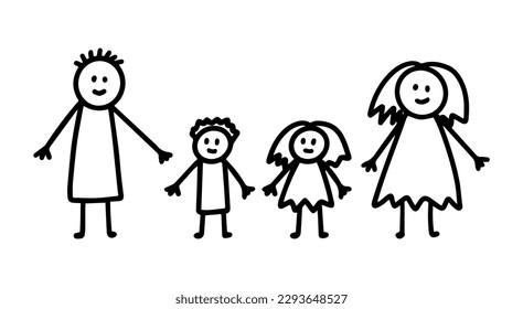 Kids doodle drawing of family with mom, dad and children, son and daughter. Two kids with mom and dad vector illustration. 