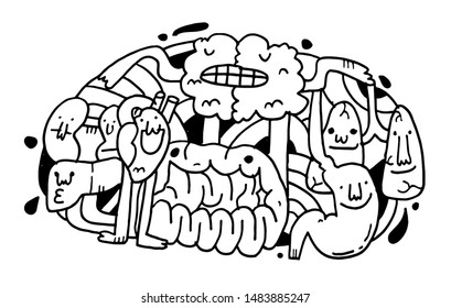 Kid's doodle drawing of internal organs friendship including brain, heart, lung, kidney, stomach, intestine, liver. 