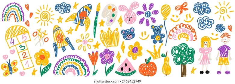 Dibujos de garabatos para niños. Colección a mano alzada niño bebé dibujado Elementos: sol, árbol, niño, niña, oso, conejo, flor, cohete. Dibujo a mano garabato. Ilustración vectorial aislada sobre fondo blanco