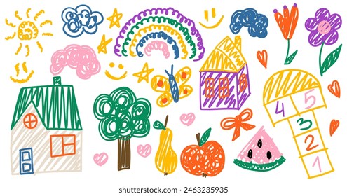 Kids doodle drawings big set. Collection freehand child baby drawn elements: house, rainbow, flower, apple, pear, smiley. Hand drawing scribble. Vector illustration isolated on white background