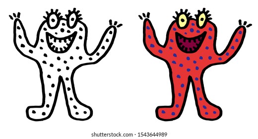 Kids doodle hand drawing. Cute monster with two hands and legs. Toothy smile. Marker color drawing.