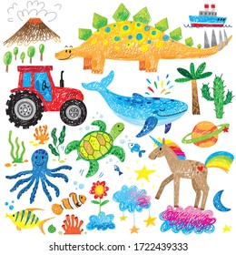 kids doodle hand drawn unicorn whale tractor dinosaur turtle fish clouds icon set