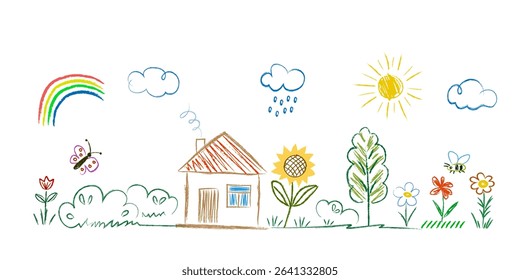 Kids doodle landscape, pictures drawn with pencil. House, tree, flowers, sun, sunflower, clouds, rainbow. Elements of colored children's set. Vector illustration isolated on white background.