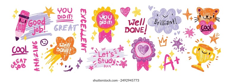 Kids doodle motivational sticker set, vector school child inspiration quote hand drawn baby scribble. Kindergarten class graduate badge, colorful crayon handwriting star medal. Kids doodle lettering