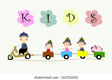 kids doodle over pattern background vector illustration,Ride a car made of wood,Thai hilltribe,