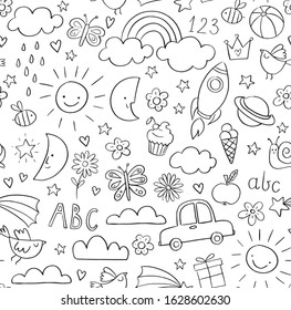 Kids doodle pattern. Childrens pattern in black and white. Baby and children related objects and design elements. Seamless vector background.