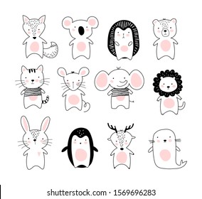 Kids doodle poster with cute animals. A collection of animals in a modern Scandinavian Nordic style. Black and white line drawing of wild animals and pets. Fox, koala, hedgehog, bear, cat, mouse