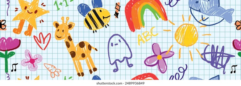 Kids doodle seamless pattern, back to school vector cartoon scribble texture, naive flower, star. Children kindergarten hand drawn copybook sheet grid, funny colorful baby textile. Kids doodle print