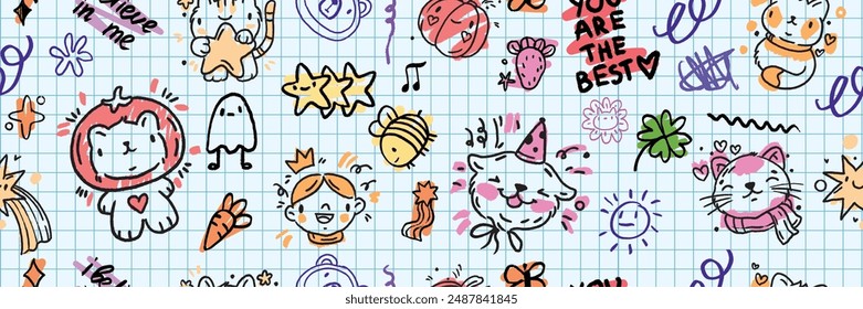 Kids doodle seamless pattern, vector back to school cartoon scribble texture, cute kitten, star. Children kindergarten hand drawn copybook sheet grid, funny colorful baby textile. Kids doodle print