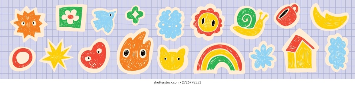 Kinder doodle Form Set, handgezeichnete kindische lustige Aufkleber, Vektorgrafik bunte Bleistift Kritzelkunst. Kindergarten Cartoon abstrakte Collage Figuren, Stern Patch dekorative niedliche Baby-Abzeichen. Kinder-Shape-Grafik