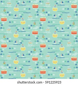 Kids doodle style marine seamless pattern with ships and boats