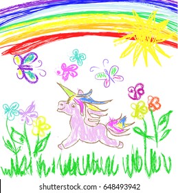 Kids Doodles hand drawing unicorn  running on  grass