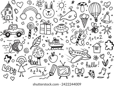 Kids doodles, hand drawn elements on white background