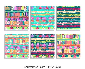 Kids doodles patterns set. Set of simple bright patterns. Markers effect backgrounds collection. Children art style illustration. Tribal simple patterns.