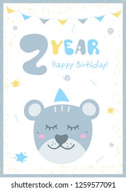 Kids doodles postcard with bear. Happy Birthday card. Congratulation on 2 year