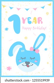Kids doodles postcard with rabbit. Happy Birthday card. Congratulation on 1 year