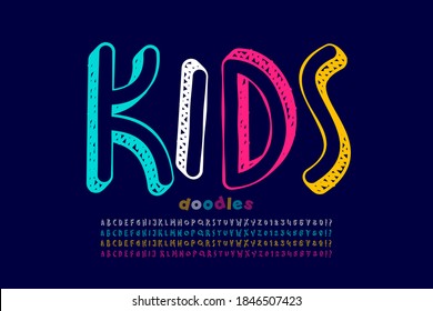 Kids doodles style font, four sides 3d alphabet letters and numbers vector illustration