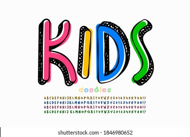 Letra estilo garabato infantil, letras alfabéticas 3d en cuatro lados y ilustración vectorial de números