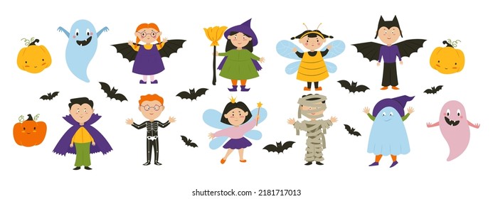 Kids in dracula, witch, bat and fairy costumes, halloween party characters set. Vector illustration.