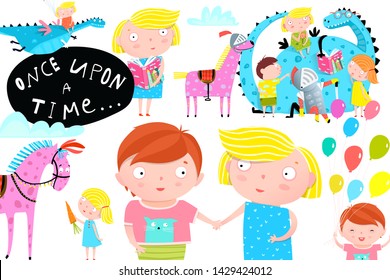 Kids Dragon and Horse Once upon a Time Fairy Tale Children Poster. Fairytale adventure cute children friends boy and girl. Vector design.