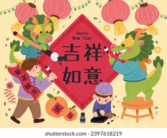 Kids and dragons writing Chinese calligraphy on CNY couplet. Text: Auspicious and Good Fortune. Spring. Happy New Year. Spring. Fortune.
