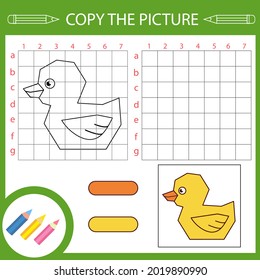 Kids draw activity game with duck. Coloring book and worksheet with education riddles. Copy the picture using grid. Vector children education page.