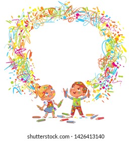 Kids draw colored scribbles on the wall with paints and crayons. Design for children's advertising template. Space for text. Funny cartoon character. Vector illustration. Isolated on white background