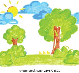 Kid's draw with a crayon.Sun, clound and tree set.