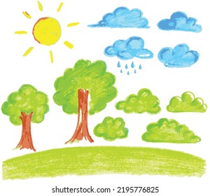 Kid's draw and crayon Sun  clound   tree set 