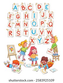 Kids draw English alphabet with colored pencils. Children decorate wall with colorful letters. Colorful cartoon characters. Funny vector illustration. Isolated on white background