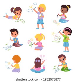 Kids draw. Little children with colored pencils, young artists with brushes and paints, cute boys and girls paint everything around. School and kindergarten art class, vector flat cartoon isolated set