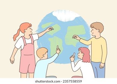 Kids draw planet together, doing teamwork to protect nature and save environment from climate change. Children with colorful crayons make drawing of globe to call for care for environment