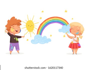 Kids draw rainbow. Happy little artists painting sun clouds vector funny childrens