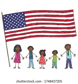 Kids Drawing. African-American family with Flag of the USA. Vector illustration 