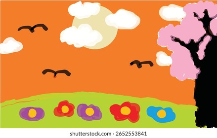 kid's drawing of afternoon park with sunset sky
