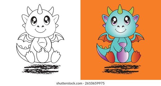 kids drawing book, kids coloring book. Coloring book with cute dragon monster picture. Vector illustration with colored background.
