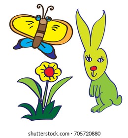 Kid's Drawing a Butterfly,flower,rabbit. Doodle style-Vector Illustration
