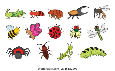 Kids drawing Cartoon Big set of insects, grashopper, ant, flea, beetle, mosquito, bee, butterfly, ladybug, fly, dragonfly, spider, cockroach, mantis, catterpillar