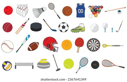 Kids drawing Cartoon Big set of sport equipment in doodle style