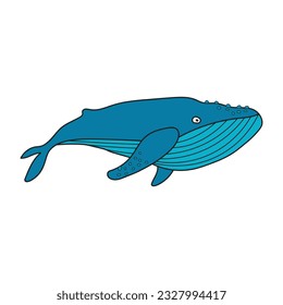 Kids drawing Cartoon cute blue whale Vector Illustration Isolated on White Background