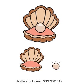 Kids drawing Cartoon set of Cute open pearl shell close up Vector Illustration Isolated on White Background