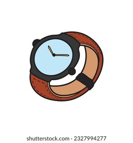 Kids drawing Cartoon Vector illustration Classic Mens Wrist Watch with Brown Leather icon Isolated on White Background