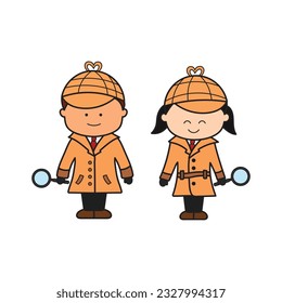 Kids drawing Cartoon Vector illustration Detective, man and woman with magnifier icon Isolated on White Background