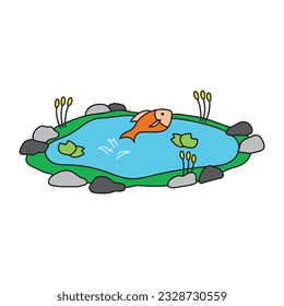 Kids drawing Cartoon Vector illustration cute fish jumps into pond icon Isolated on White Background