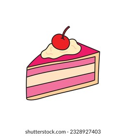 Kids drawing Cartoon Vector illustration cake slice witch cream and cherry icon Isolated on White Background