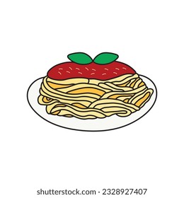 Kids drawing Cartoon Vector illustration bolognese sauce pasta spaghetti icon Isolated on White Background