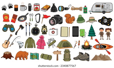 Kids drawing Cartoon Vector illustration Set of camping supplies. Children adventure camping tools and equipment icon Isolated on White Background