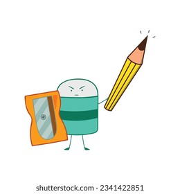 Kids drawing Cartoon Vector illustration funny Sharpener, eraser and Pencil icon Isolated on White Background